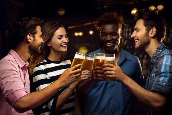 An AI-generated image of four friends smiling and clinking their beer glasses together.