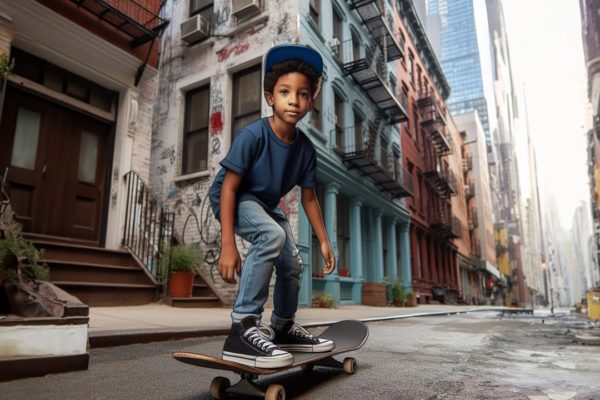 An AI-generated image of a young boy skateboarding down the street.