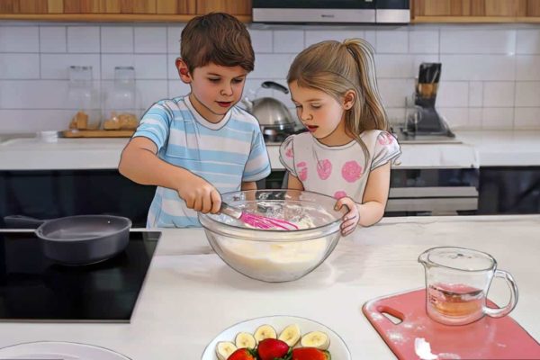 An AI-generated image of two children mixing a bowl of flour on top of a counter.