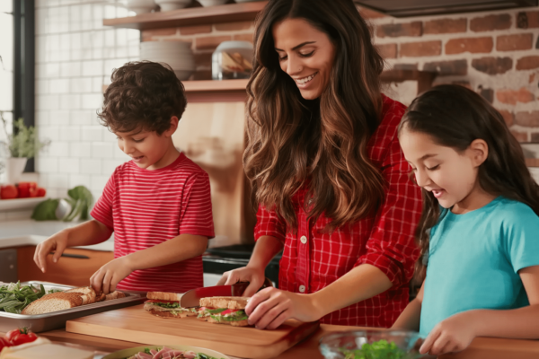 An AI-generated image of a mother and her two kids working together to cook a meal.