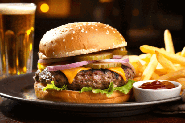 AI-generierte Bilder einer Hamburger-Mahlzeit, erstellt von Animated Storyboards. Nur eine der Stiloptionen von ASB für Animatics