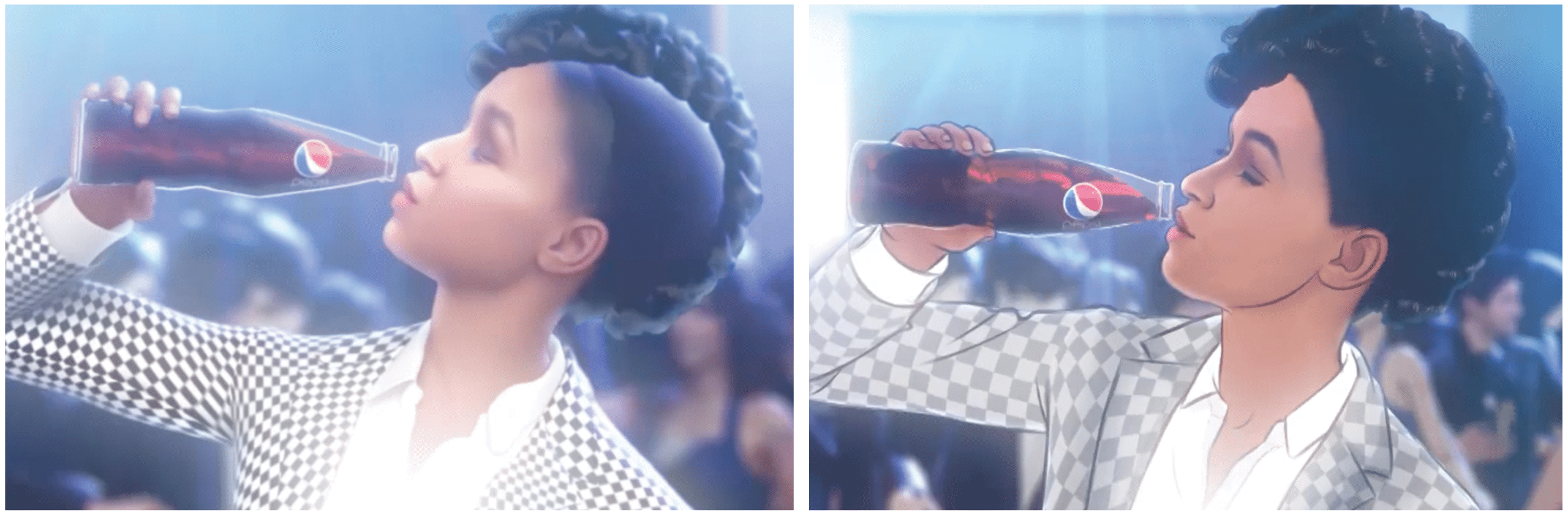 On right, still frame from ASB’s 3D Realistic Cinematic for Pepsi featuring Janelle Monet. On left, still frame from ASB’s 3D Illustrated Cinematic. Both are built out in 3D but the left applies lines and shading to mimic a more traditional, hand-drawn look while still allowing clients the flexibility of 3D.