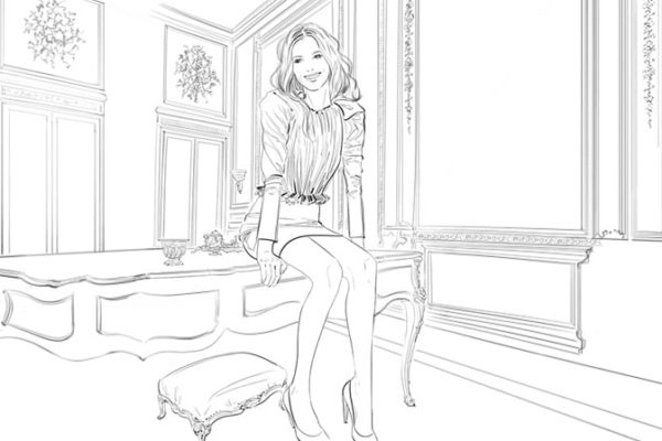 A clean black and white illustration of a woman sitting on a table in the middle of a room.