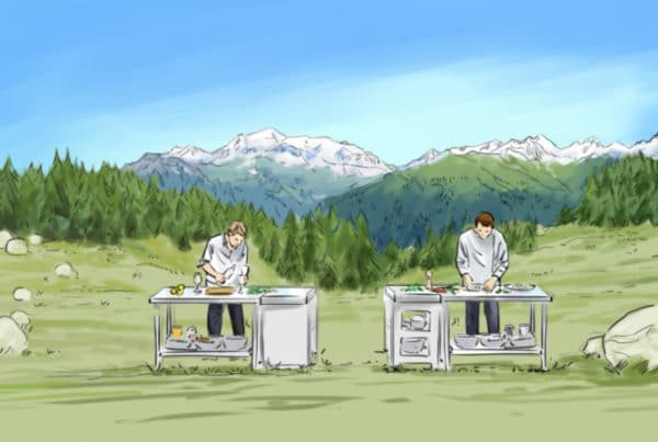 A colored illustration of two chefs in a field cooking different meals with a view of the mountains in the background.
